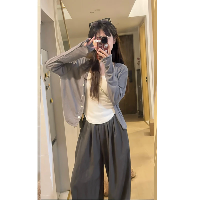 清清~【陈仔】慵懒套装 薄款休闲长袖开衫+圆弧下摆紧身打底背心女