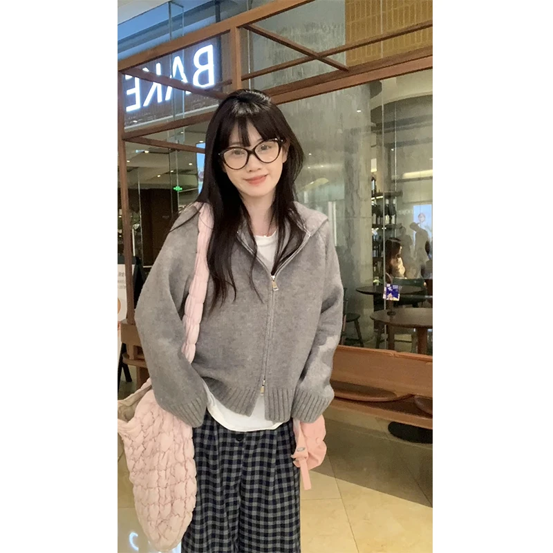 清清~【陈仔】连帽双拉链毛衣 复古慵懒风宽松毛衣外套短款连帽开衫