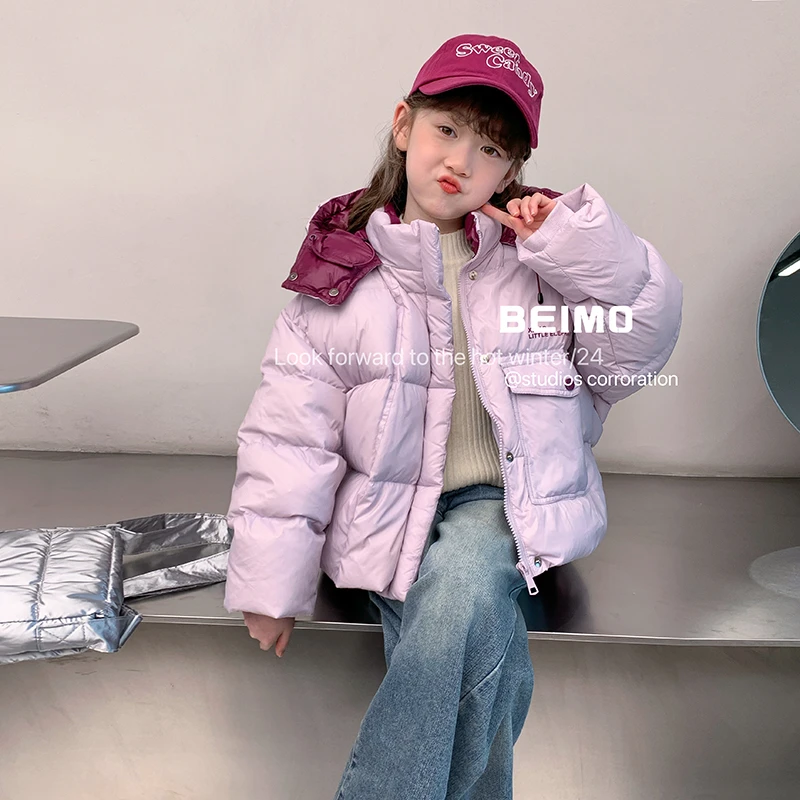 女童羽绒服2024冬季新品撞色连帽保暖面包服白鸭绒儿童外套中大童