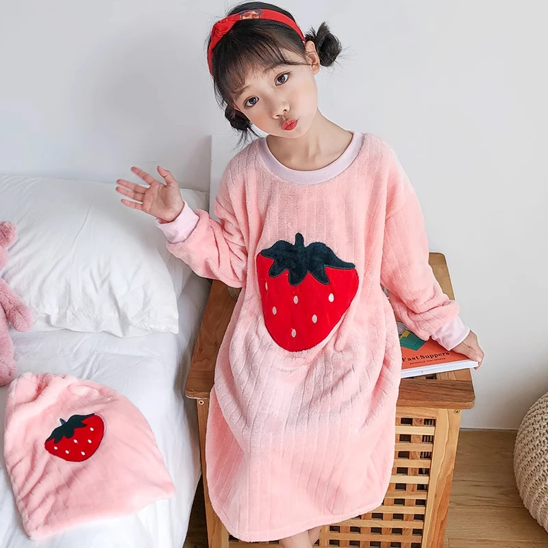 女童珊瑚绒睡裙秋冬儿童法兰绒家居裙小女孩长款睡衣中大童带口袋