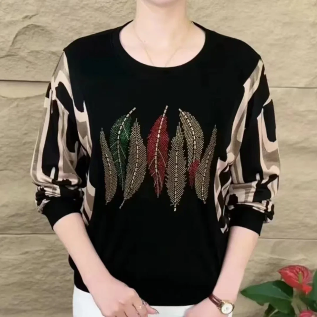 秋季百搭长袖T恤中年妈妈女装圆领烫钻拼接宽松显瘦大码打底衫