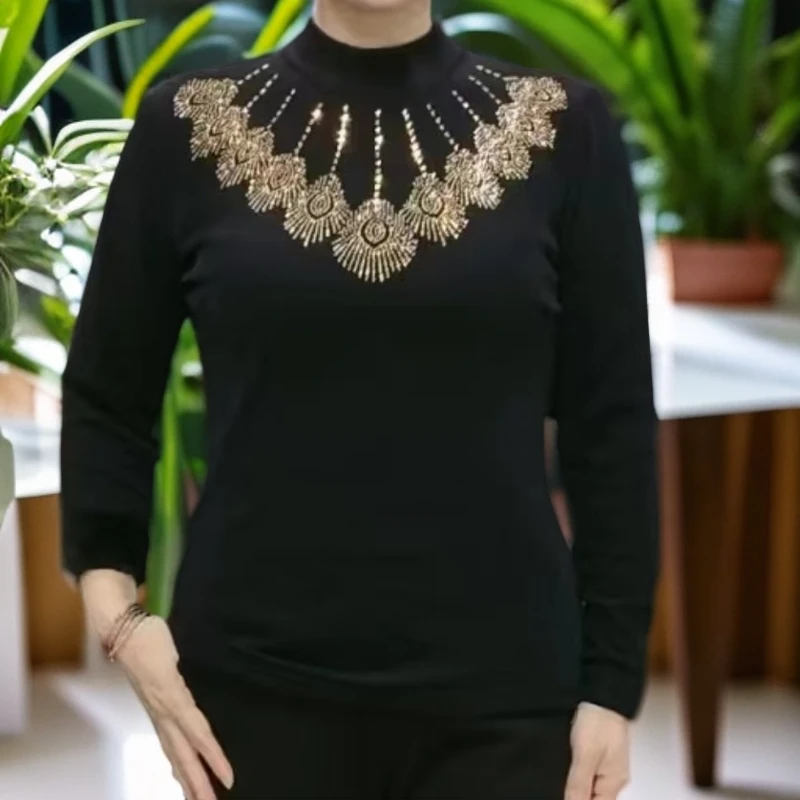 阿芝专属33265保暖德绒半高领长袖烫钻打底衫女秋冬修身洋气百搭