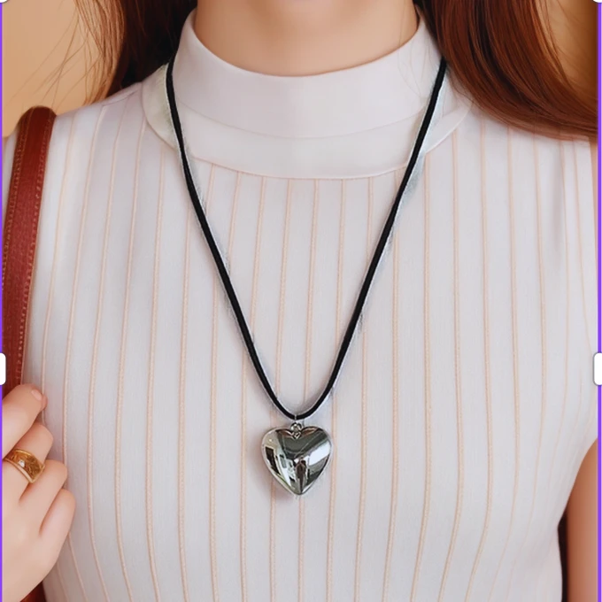 非金属布艺项链 银色爱心项链长款轻奢高级感网红爆款吊坠颈链294
