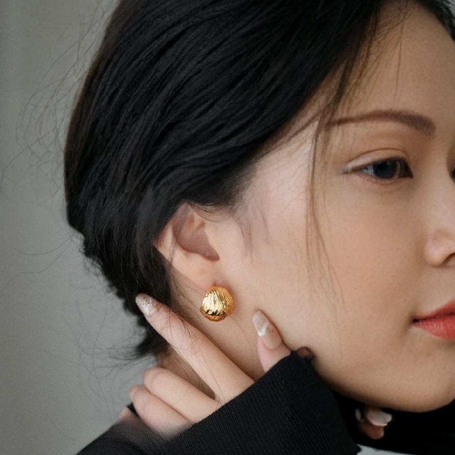 合金耳饰 金色复古气质高级半圆耳钉高端素款耳环轻奢时尚百搭ins