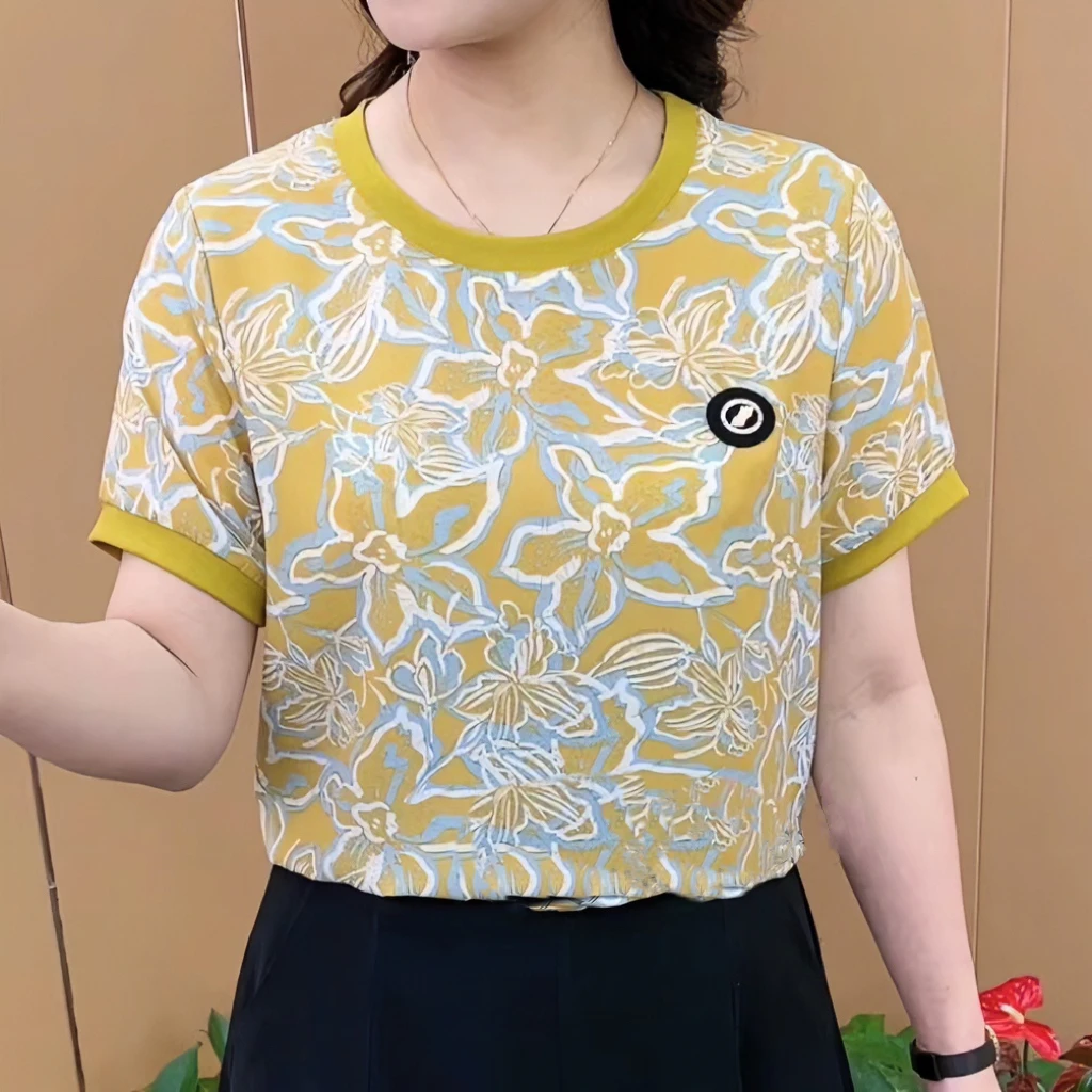 2024春夏新款时尚宽松休闲短袖大码女士百搭圆领花色T恤上衣