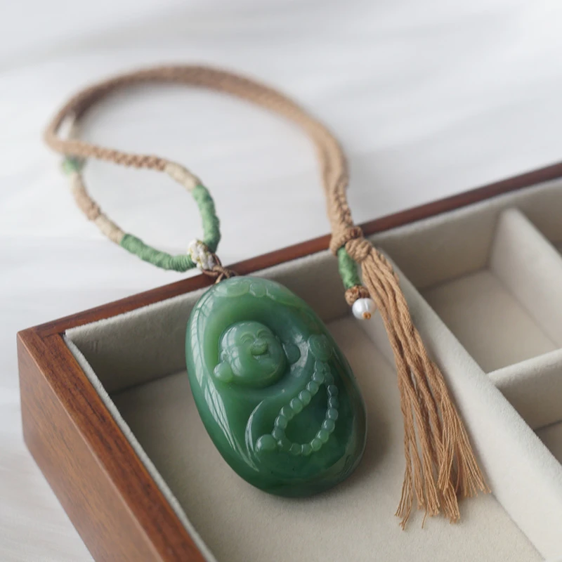 和田玉碧玉俄料佛公大吊坠手工精雕挂件