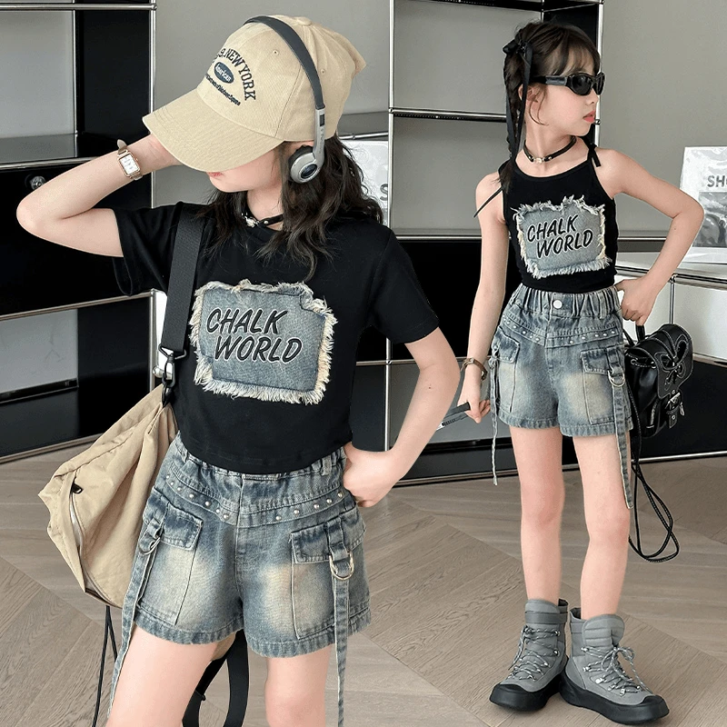 女童夏季短款T恤牛仔短裤套装儿童潮酷女孩辣妹装时尚个性两件套