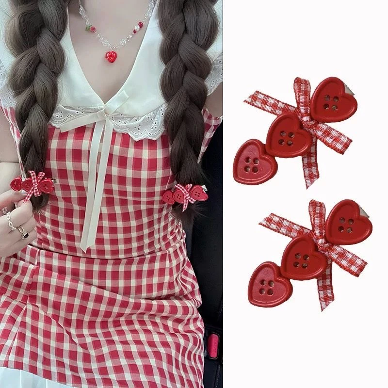敲显白红色爱心纽扣蝴蝶结发夹甜美可爱少女刘海侧边夹碎发夹头饰