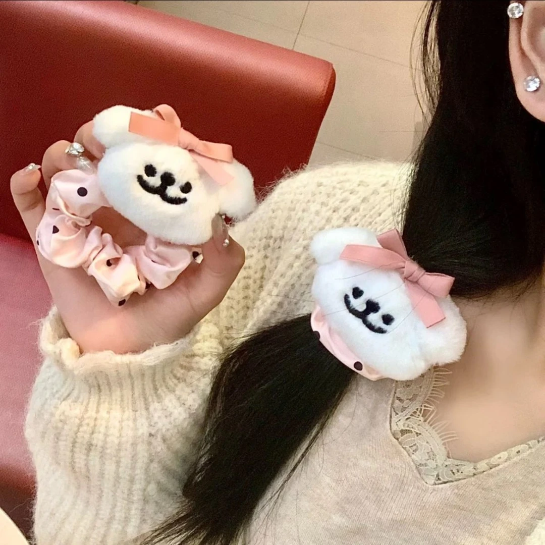 粉色超萌线条小狗发圈可爱甜美少女百搭点点大肠圈发圈学绳发