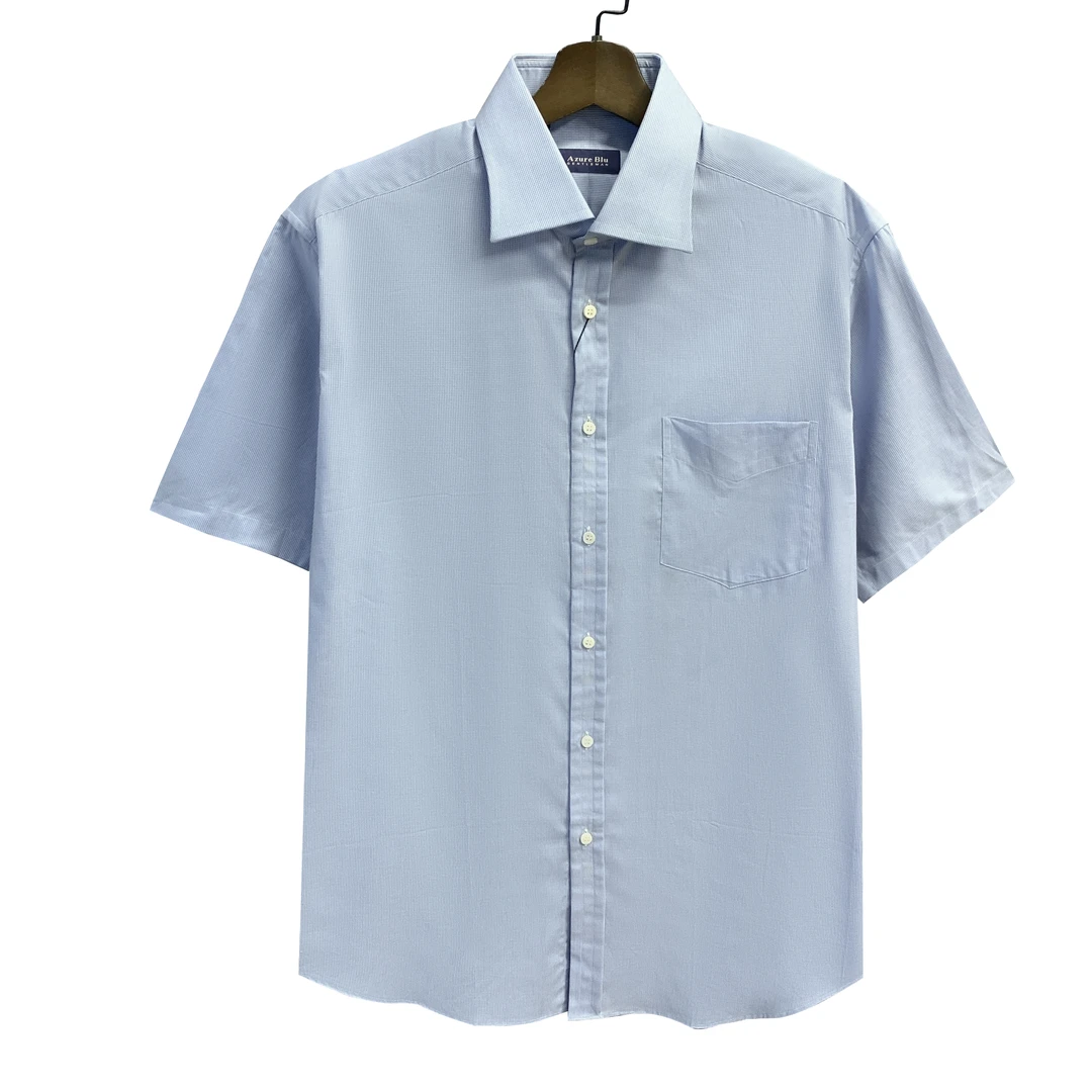 A爱其【温莎领-千鸟格】浅蓝色进口100长绒棉高支双纱短袖衬衫1625