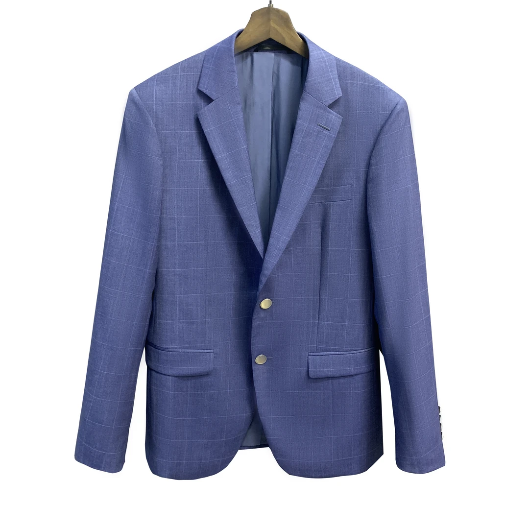 鸟红标【美丽诺羊毛】蓝色格子平驳领单排2扣双叉活袖单西XZ043