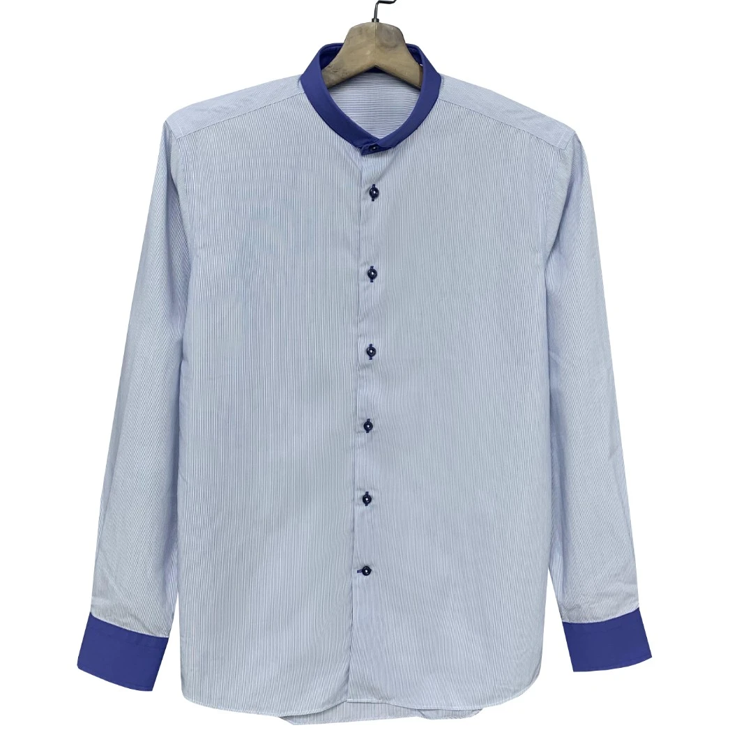 恺【立领】高级免烫浅蓝色长绒棉长袖衬衫商务休闲男CS081