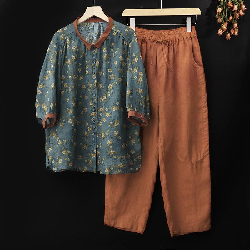 大码妈妈棉麻套装女小个子碎花苎麻衬衫休闲亚麻哈伦九分裤两件套