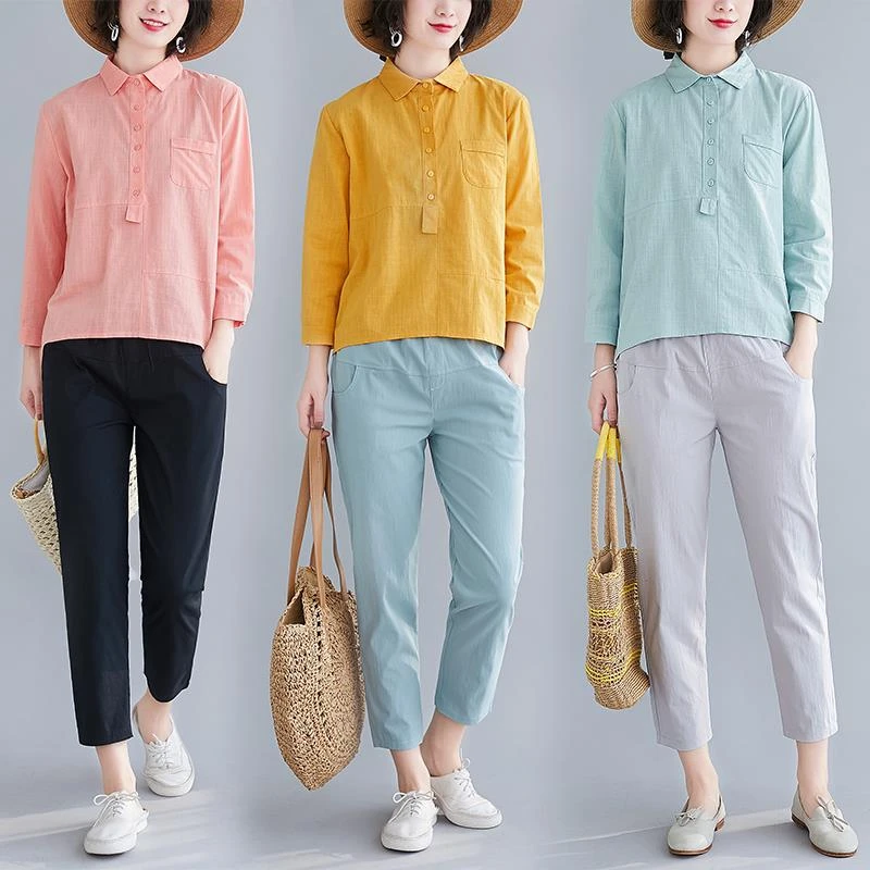 衬衫棉麻九分裤套装女春2024新款大码女装长袖显瘦休闲亚麻两件套