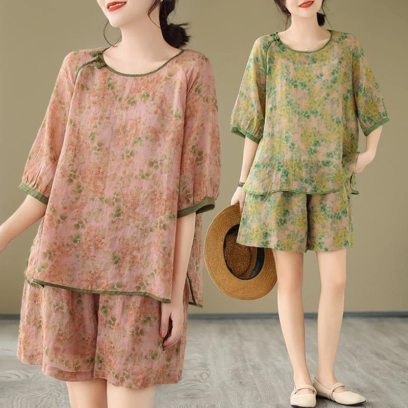 棉麻国风印花套装女2024夏季新款薄款气质盘扣衬衣短裤苎麻两件套