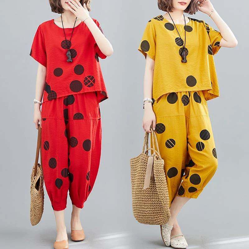 夏新款波点印花棉麻两件套短袖圆领七分阔腿哈伦裤宽松时尚套装女