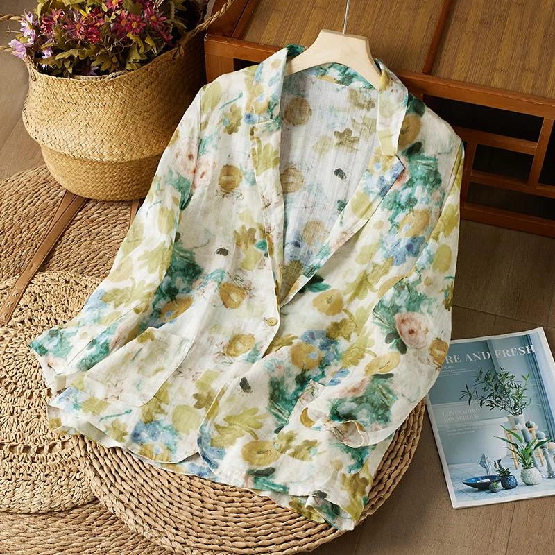 文艺V领印花苎麻西装外套女装早秋大码遮肉轻薄棉麻防晒开衫上衣