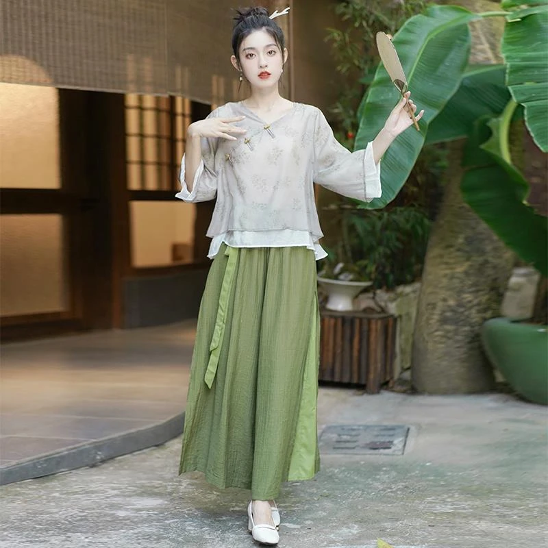 2024夏轻盈清爽仙气七分袖国风棉麻上衣日常宋裤阔腿裤汉服套装
