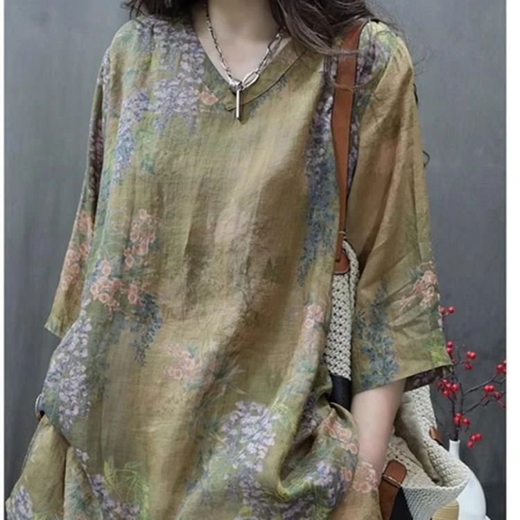 高端苎麻印花上衣女2024夏季新款复古休闲棉麻衬衫v领宽松连衣裙