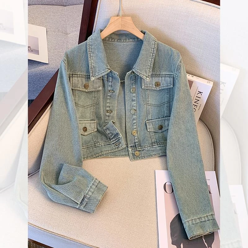 短款牛仔外套女新款2024春秋小个子秋季款美式复古做旧牛仔衣夹克