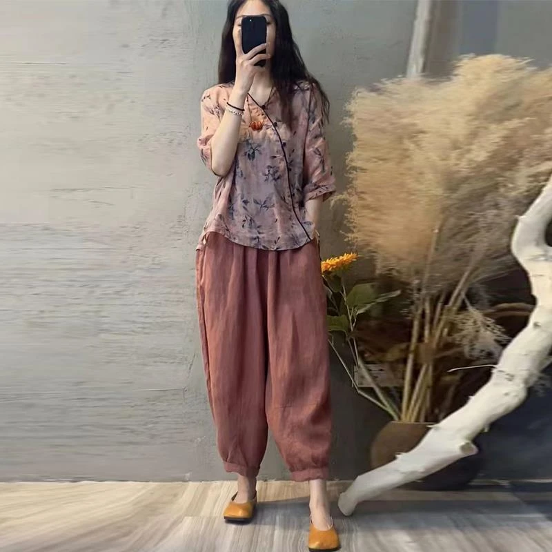外贸法国单高端棉麻套装女春秋清新印花v领上衣大码哈伦裤两件套