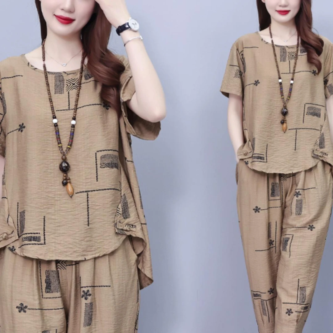 棉麻休闲套装女2024夏季新款中年妈妈时尚洋气亚麻短袖上衣两件套