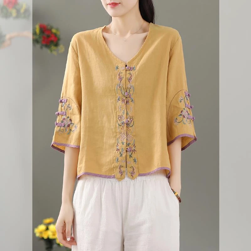 国风复古贴布刺绣七分袖衬衫女夏大码宽松休闲防晒开衫棉麻薄上衣