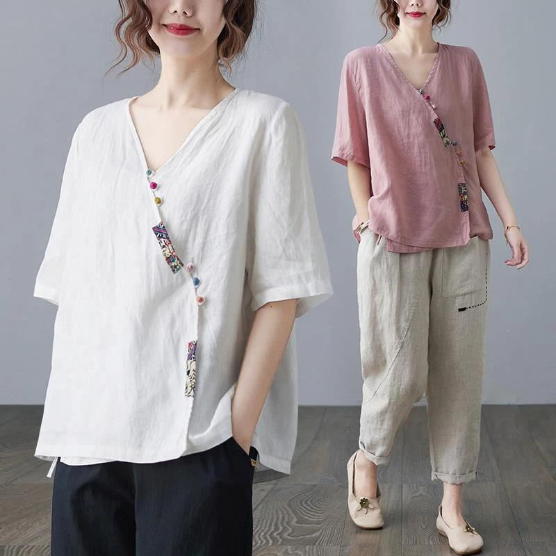 2024夏新款棉麻衬衫女复古文艺盘扣上衣苎麻小衫斜襟茶服文艺T恤