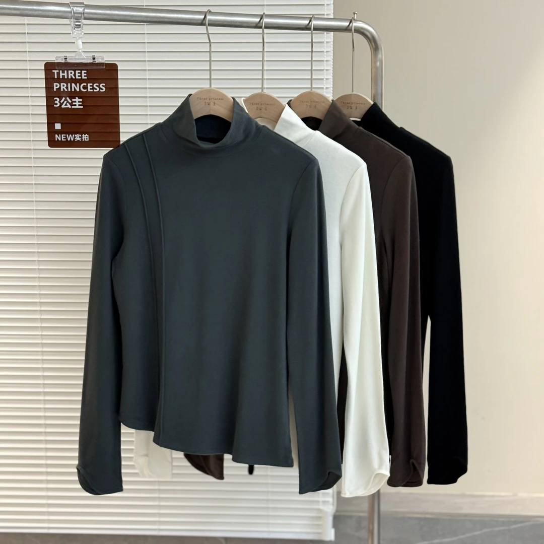 3公主 不规则打底衫 双面磨毛半高领高弹力时尚上衣女装冬季保暖