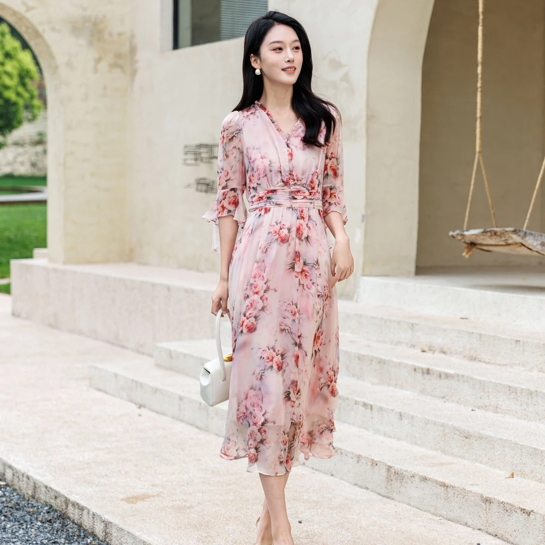 Calomii/卡洛弥法式气质V领桑蚕丝连衣裙