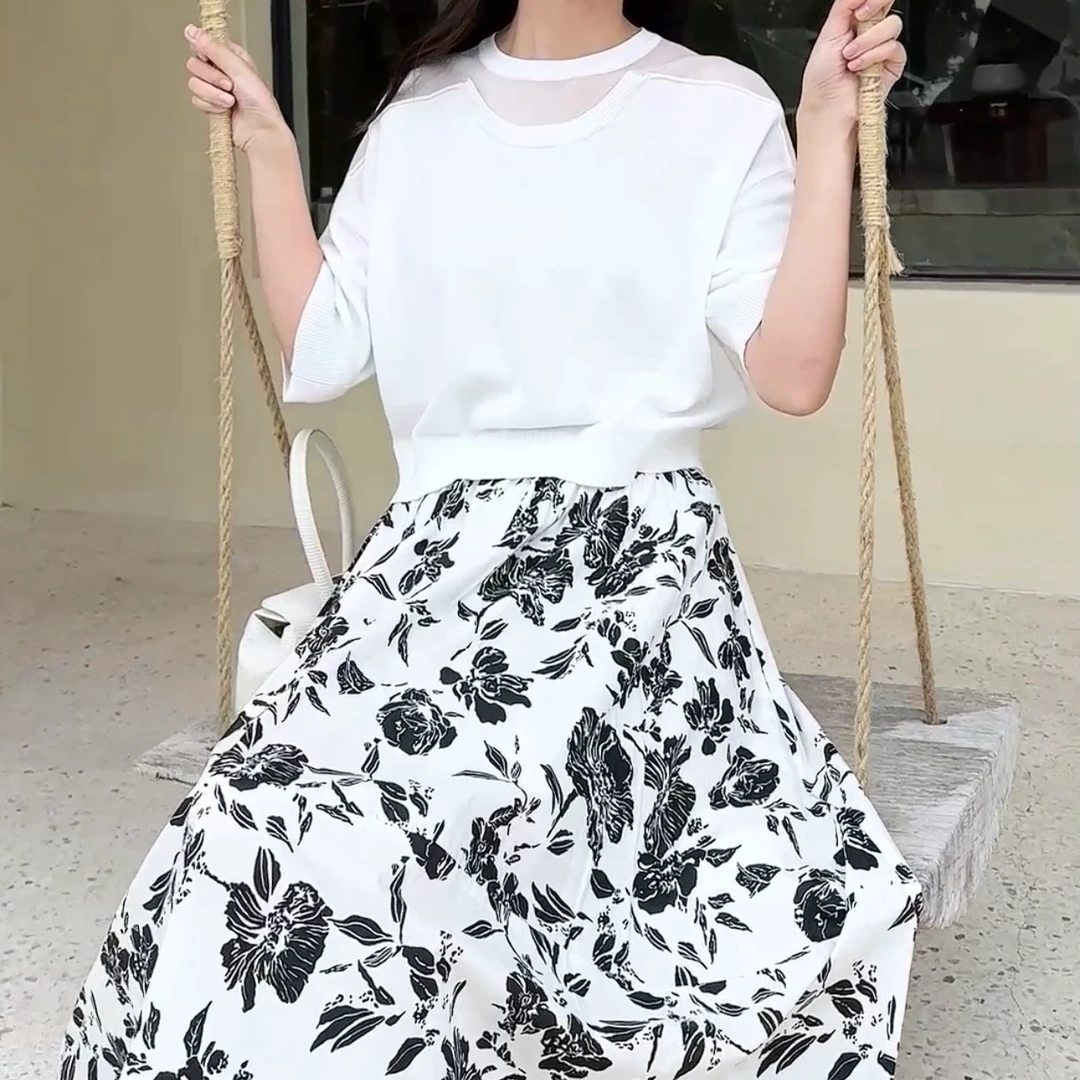 Calomii/卡洛弥高腰气质显瘦白色花半身裙