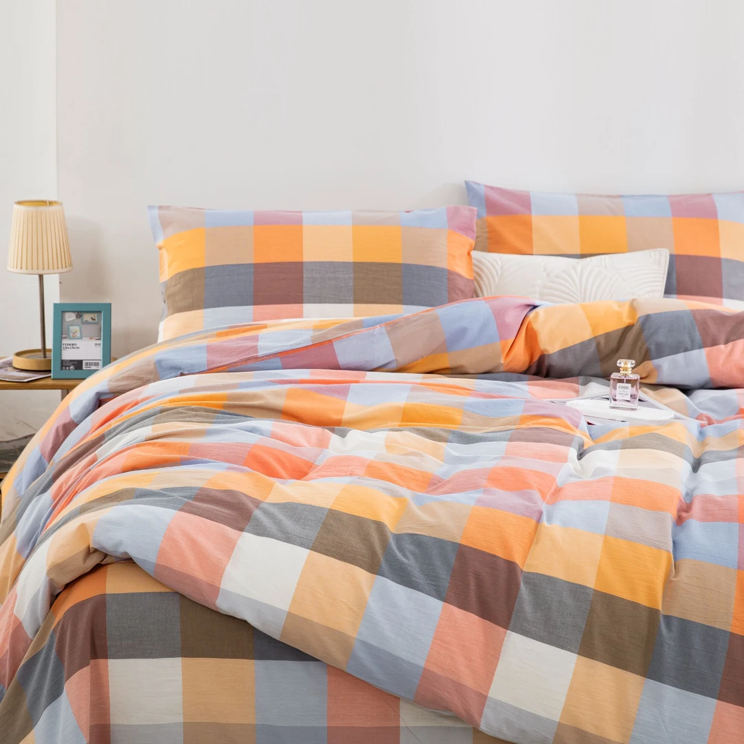 良品绘【拼色彩格拉链四件套】全棉色织水洗棉时尚简约格子舒适柔软