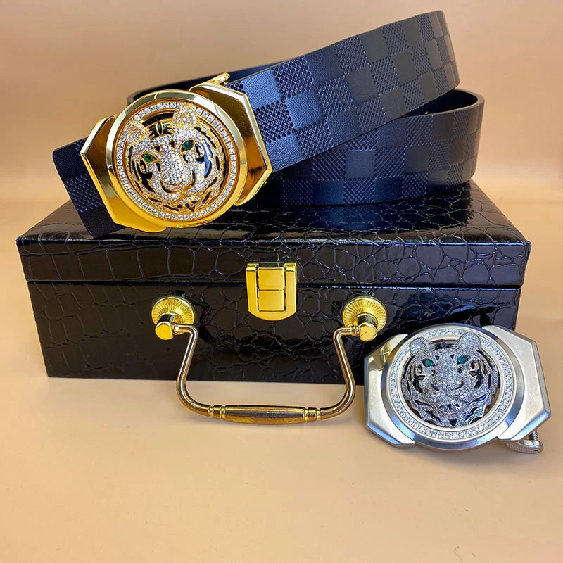 【不锈钢老虎头格纹皮带】新款皮带男真皮内穿版扣腰带商务牛皮裤带