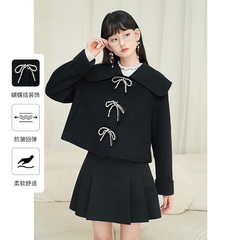 【千颂妮专享】Caroline冬季翻领毛呢外套老钱风女式衣服ECREDQ02