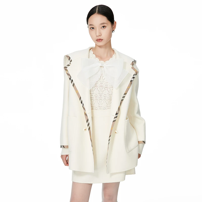 【爱粉专属】Caroline秋季新款奶白色英伦双面呢毛呢外套ECRDCD28