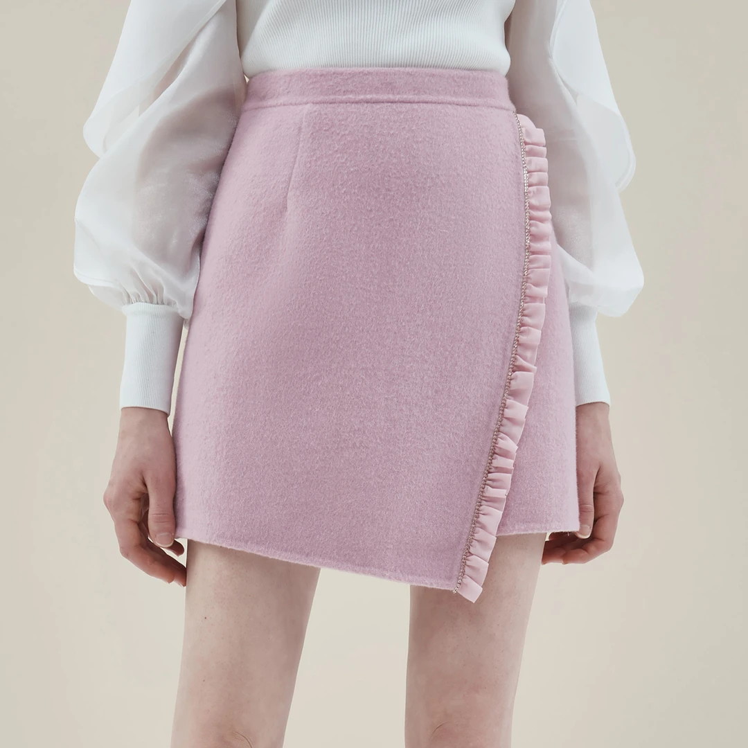 【陈大可专属】Caroline秋季新款高腰不对称木耳压花羊毛呢短裙ECRC