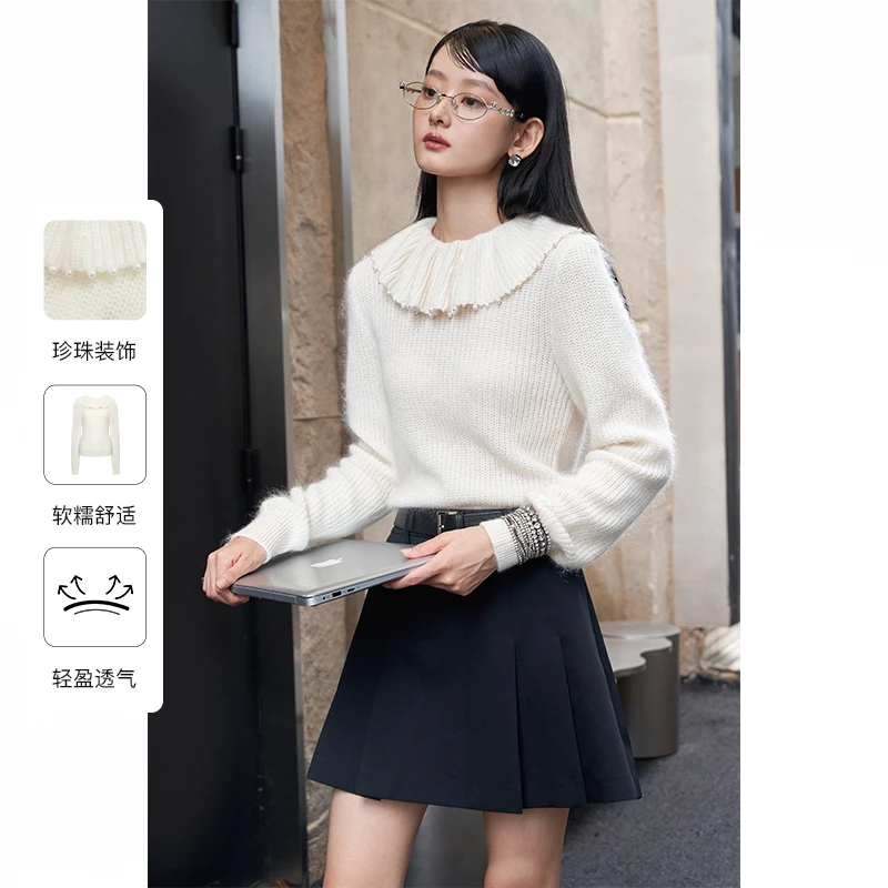 【千颂妮专享】Caroline冬季新款荷叶边大翻领套头针织衫ECREDU01