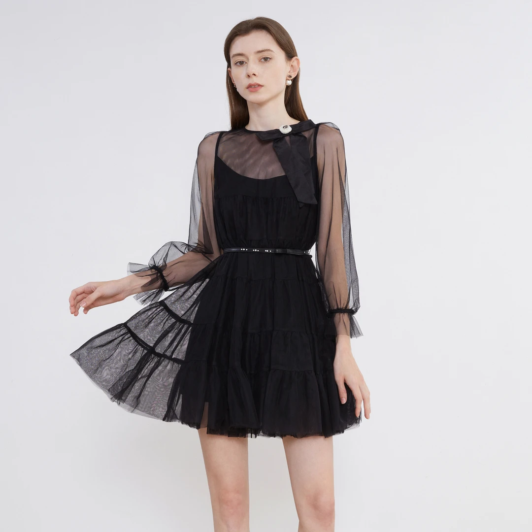 CAROLINE卡洛琳春季新款甜美蝴蝶结腰带网纱连衣裙ECRDAB93