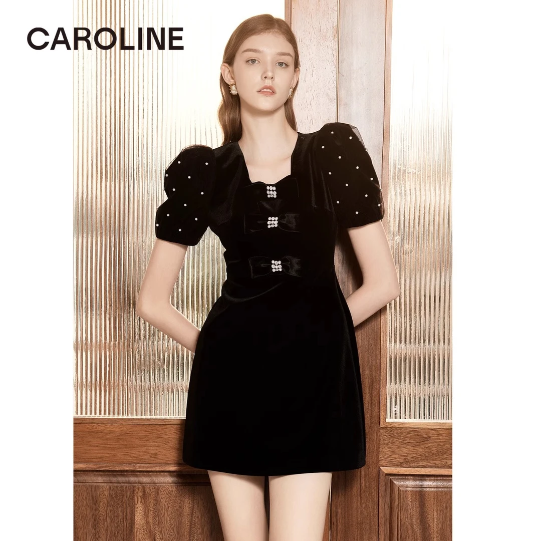 【诗语专属】Caroline秋季新款方领钉珠网纱蝴蝶结连衣裙WCRCCA56