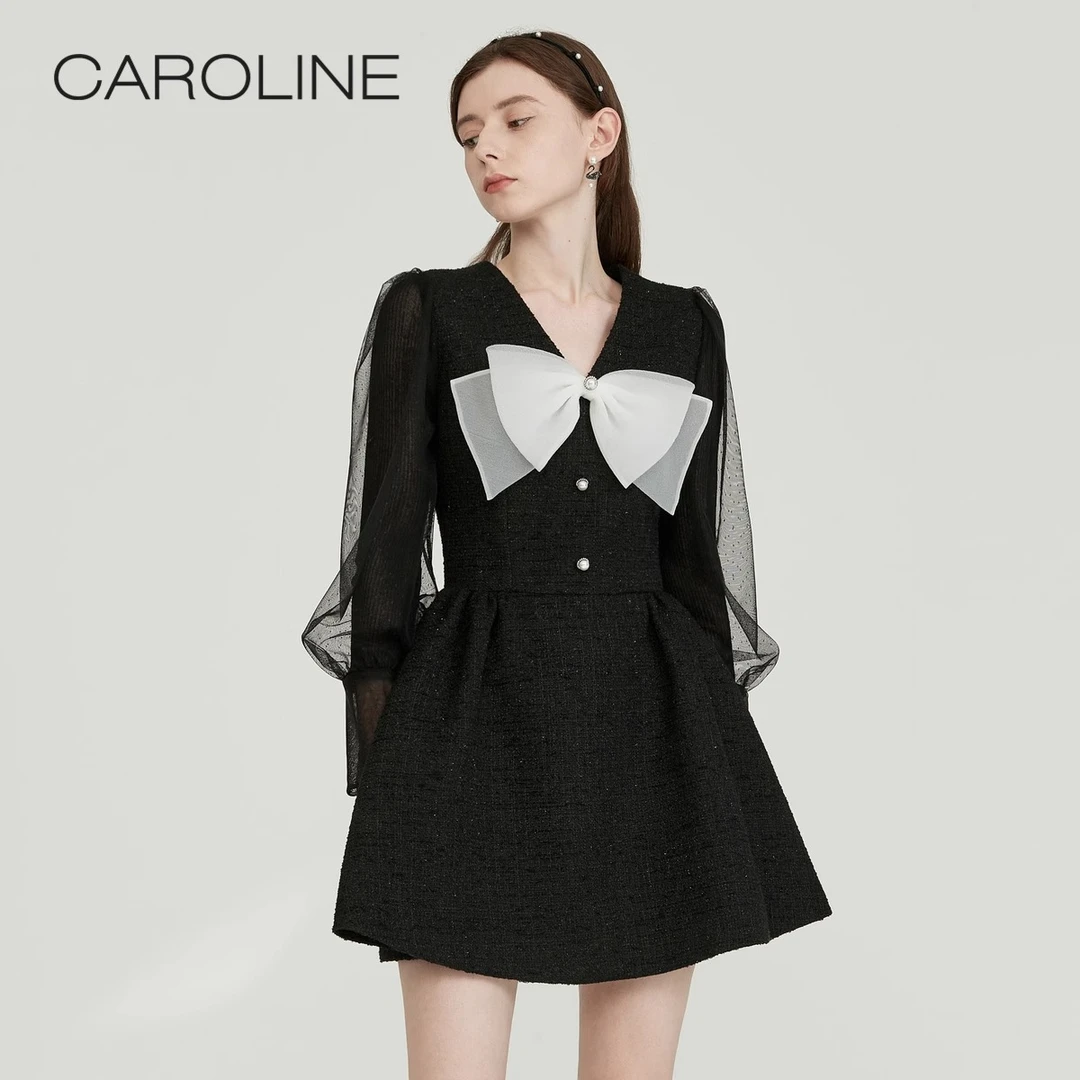 【陈大可专属】Caroline秋季蝴蝶结网纱拼接粗花呢小香风连衣裙女EC