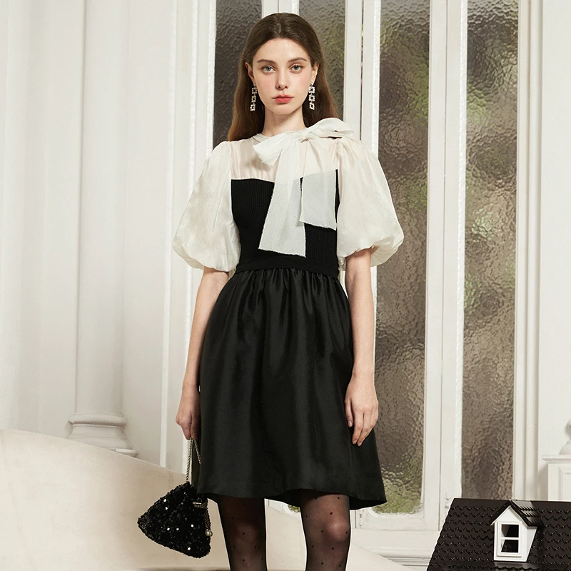 【高高甄选】Caroline秋季新款蝴蝶结针织短款A字连衣裙ECRCCE17