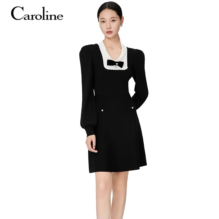 Caroline卡洛琳秋季新款黑白撞色蝴蝶结长袖连衣裙ECRDDC28