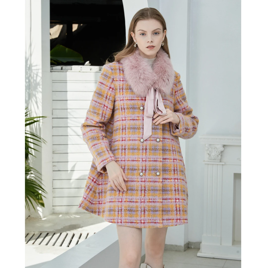 CAROLINE卡洛琳冬季新款大毛领蝴蝶结格纹毛呢外套ECRCDD38