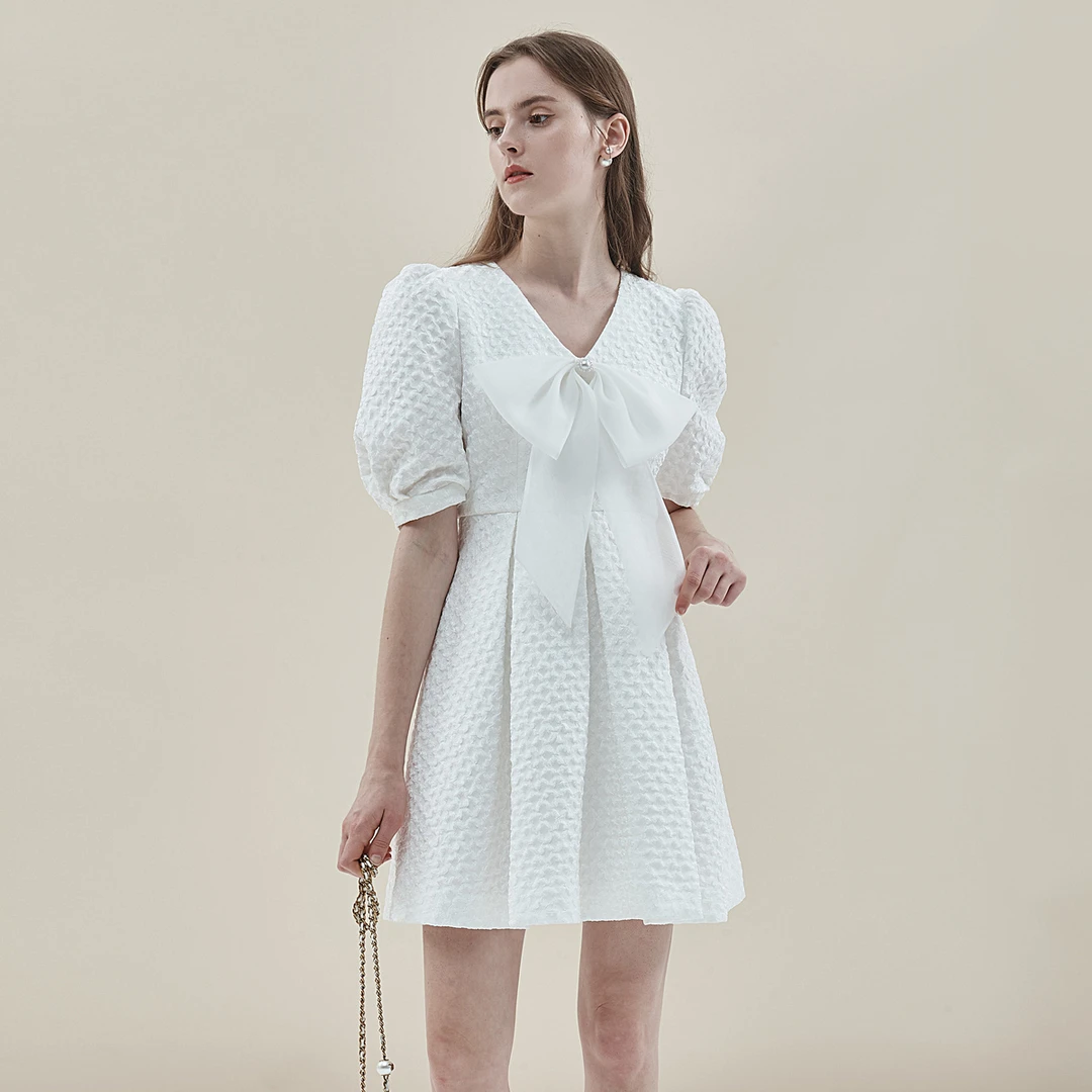 【诗语专属】Caroline秋季新款V领蝴蝶结短款A字气质连衣裙ECRCCB28
