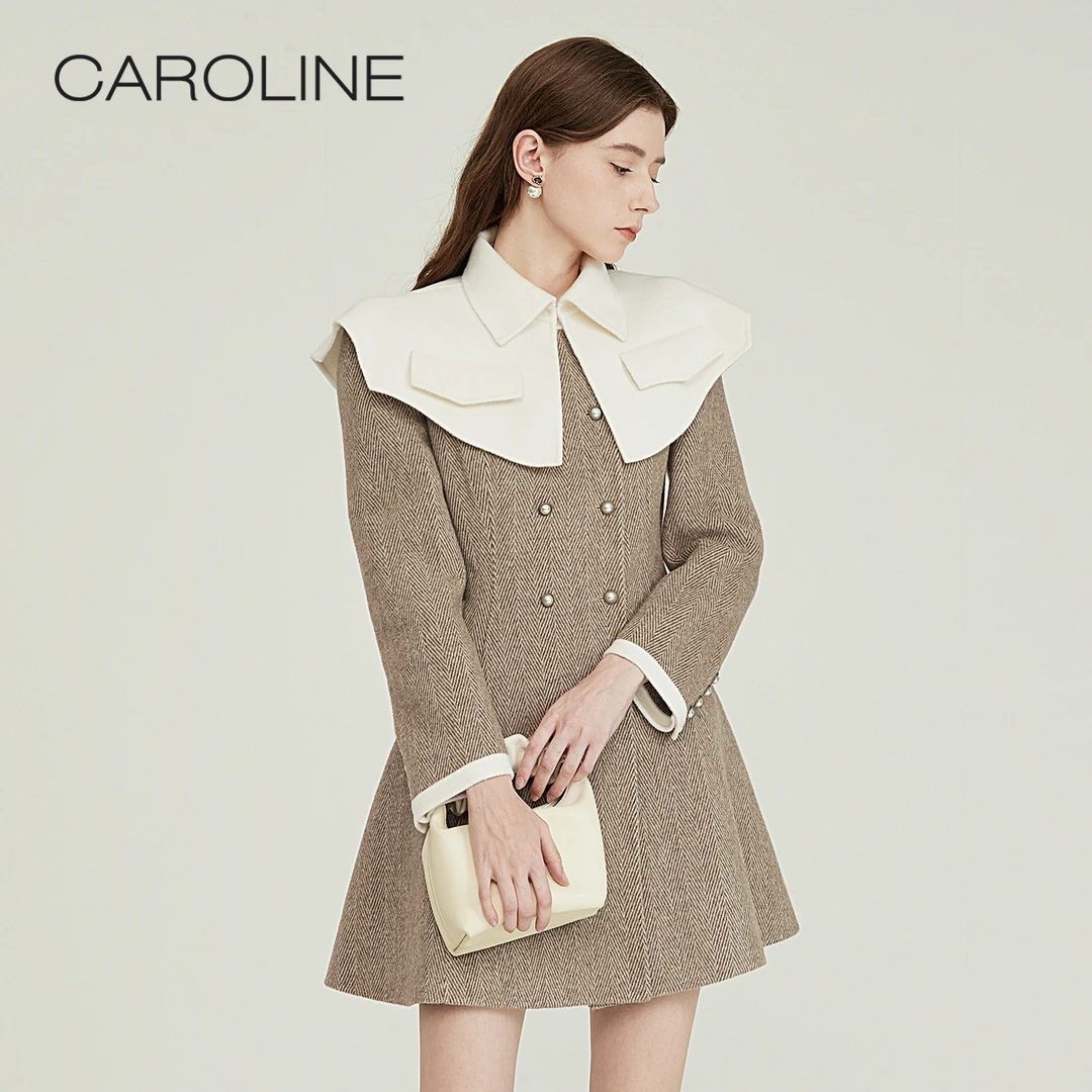 【雅丹风】CAROLINE秋冬新款撞色双排扣斗篷式双面毛呢外套ECRCCD13