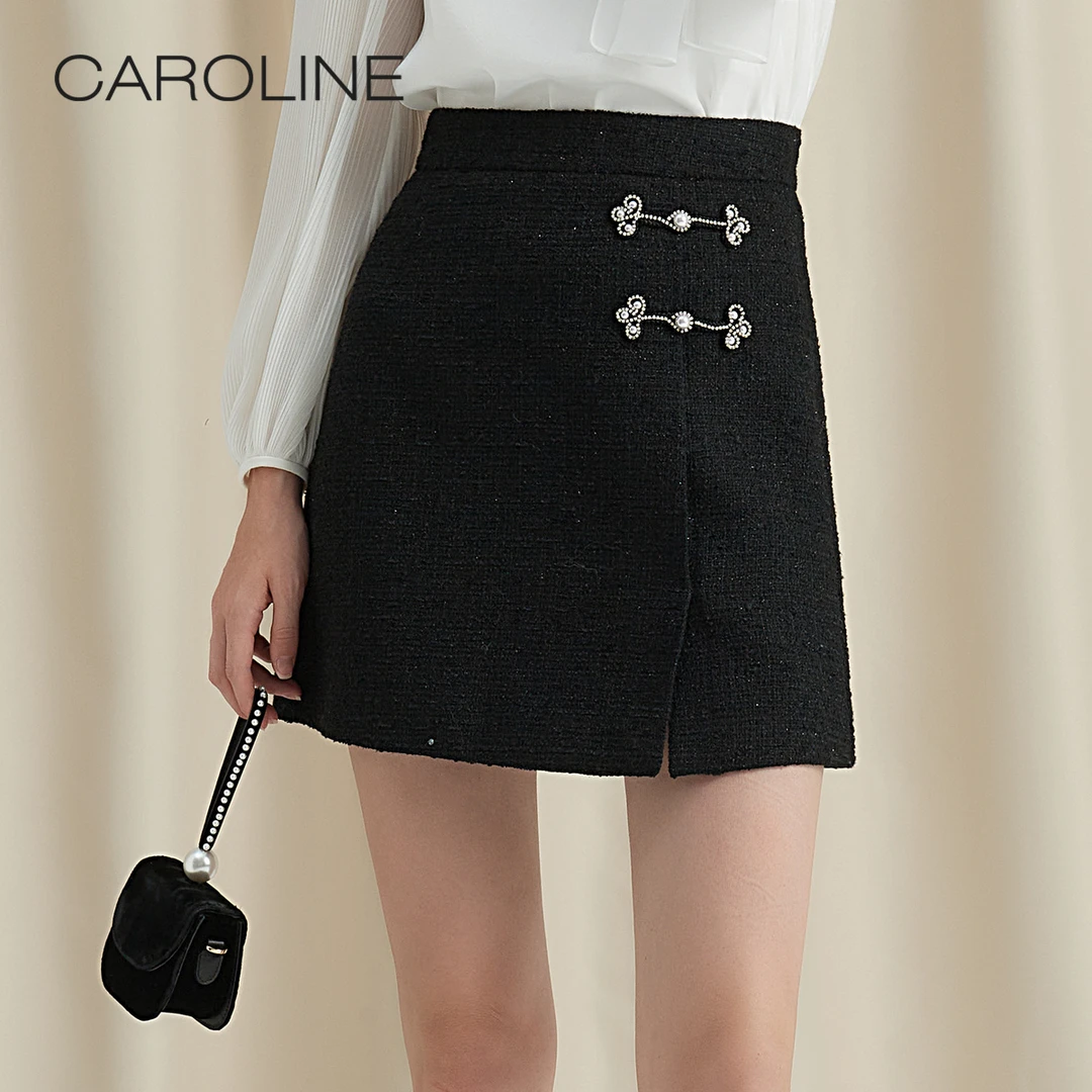 【陈大可专属】Caroline秋冬新款新中式珍珠盘扣开叉粗花呢A字半身