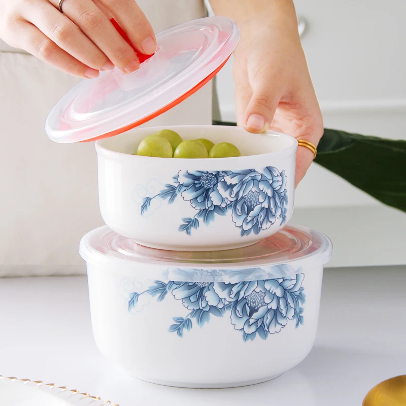 新中式骨瓷密封保鲜碗陶瓷6英寸一升大号保鲜碗带盖可微波500毫升