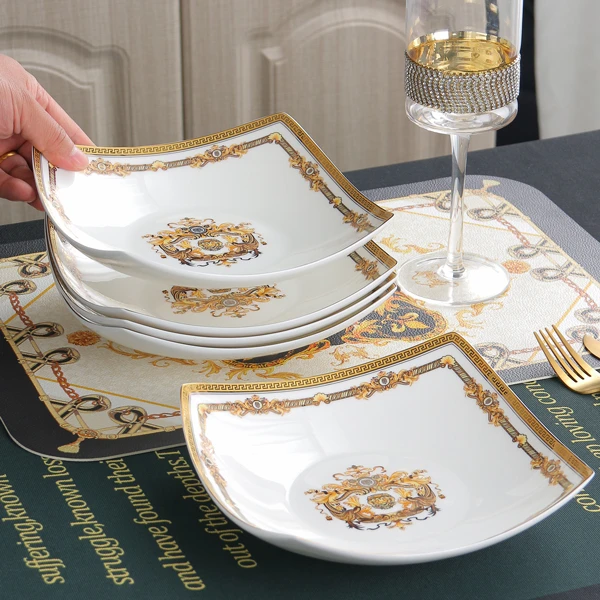 瑞玖欧式餐具家用骨瓷深盘8英寸创意翘脚盘子轻奢可微波方形餐盘