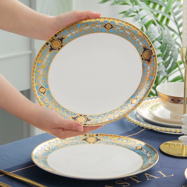 瑞玖轻奢圆形西餐盘骨瓷牛排餐10英寸大平盘欧式浮雕盘子餐具菜盘