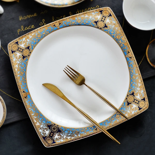 瑞玖家用欧式骨瓷10英寸大方盘浮雕金色餐具金边西餐盘牛排盘菜盘